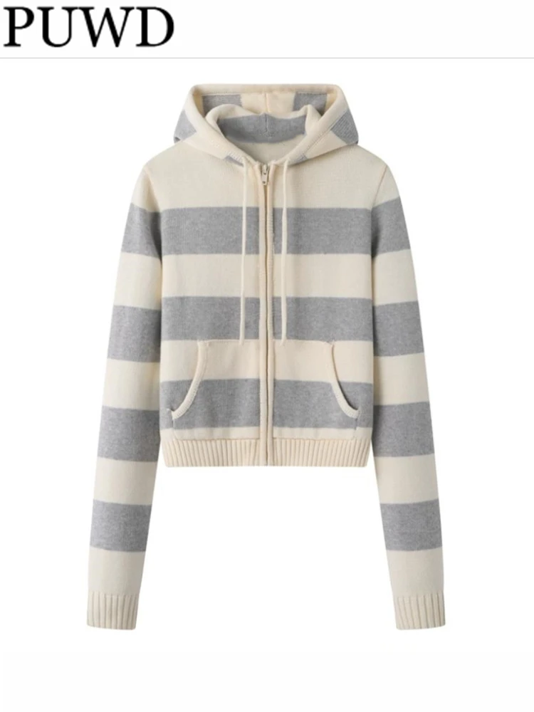 

PUWD Casual Women Beige Striped Zipper-up Knit Cardigans 2023 Summer Vintage Hooded Long Sleeves Female Outwears Chic