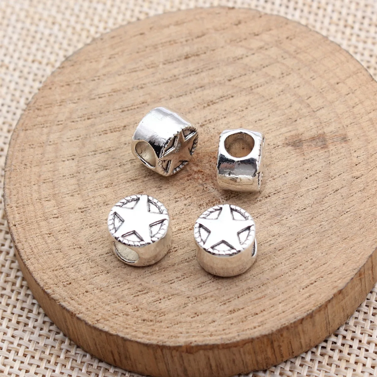 10pcs 10x10x7mm Antique Silver Color Double Sided Five-Pointed Star Pattern Round Large Hole Beads Alloy Jewelry Findings