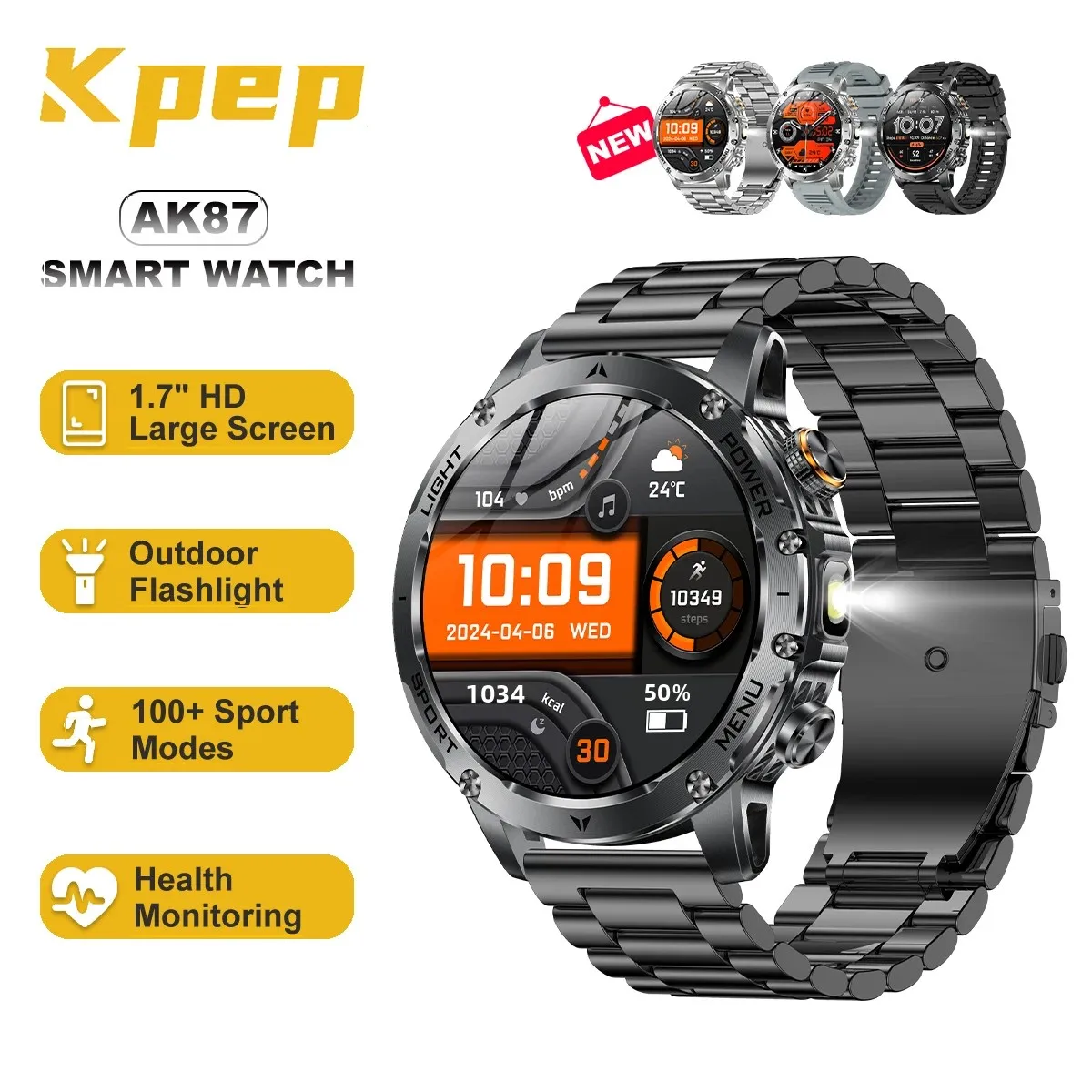 

KPEP AK87 Военные Смарт-часы для мужчин, 1000 мАч, светодиодный фонарик, 100 спортивных режимов, фитнес-трекер, Bluetooth-вызов, пульс