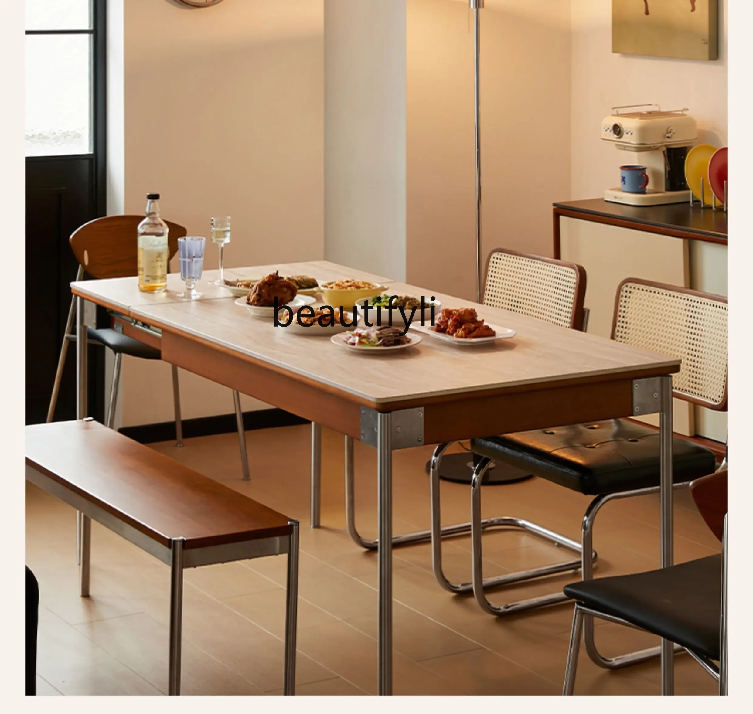 X Slate Folding Dining Table Vintage Style Extendable Small Apartment Home Use Travertine Table Dining Chairs