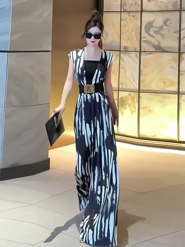 Letni zestaw: wyszczuplający, modny, casualowy kombinezon z wysokim stanem, drapowany, z nadrukiem, elegancki, do pracy, długie spodnie z szerokimi nogawkami.