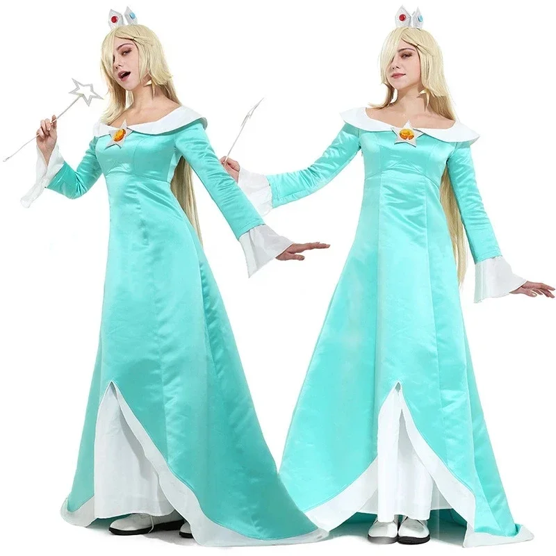 Galaxy Rosalina Cosplay Kostuum Met Kroon Oorbellen Vrouw Lichtblauwe Jurk Halloween Party Outfit