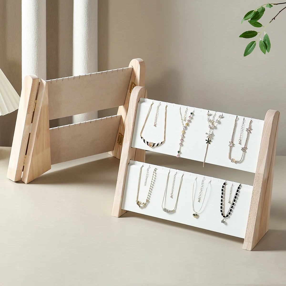 Foldable Solid Wood Jewelry Display Stand, 2-Tier Necklace Pendant Holder for Jade Jewelry, Portable Exhibition Store Counter Ph