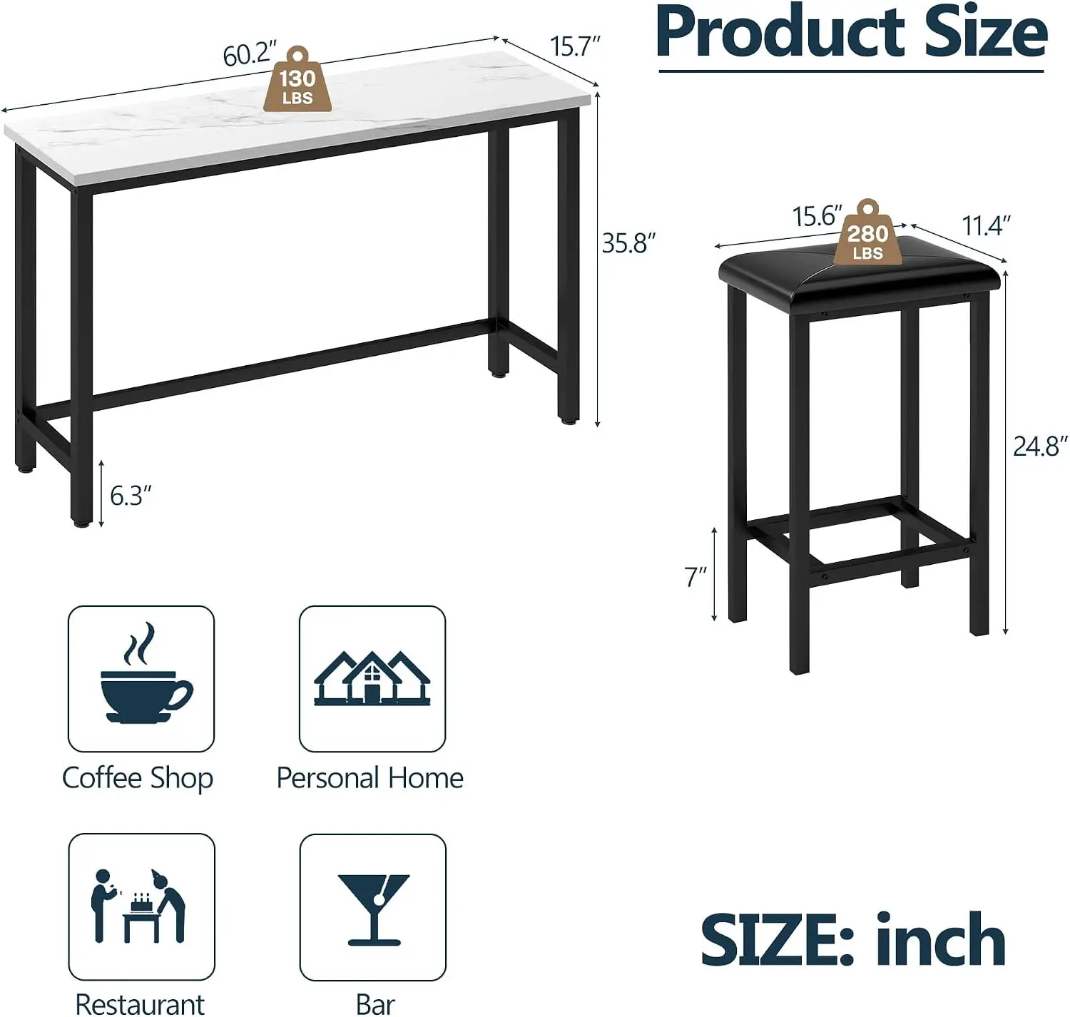 Bar Table And Chairs Set, 4 Piece Counter Height Dining Table With Upholstered Stools, Kitchen Pub Bistro Furniture, Modern Faux Marble Style, Black, 4 Pieces