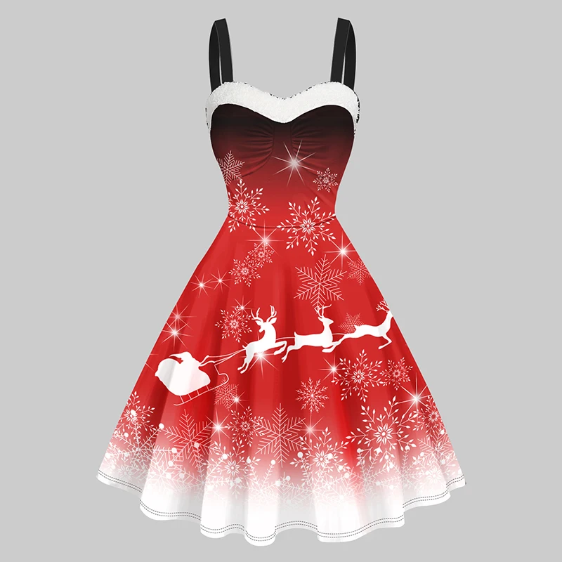 

Women's Christmas Dresses Faux Fur Panel Elk Snowflake Print Cami Dress Sleeveless Sweetheart Neck A Line Mini Dress