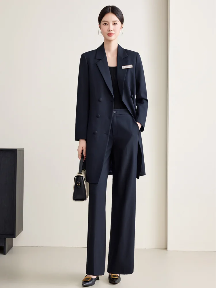 Navy blue mid-length women's blazer for spring and autumn, elegant double-breasted formal business suit two-piece set