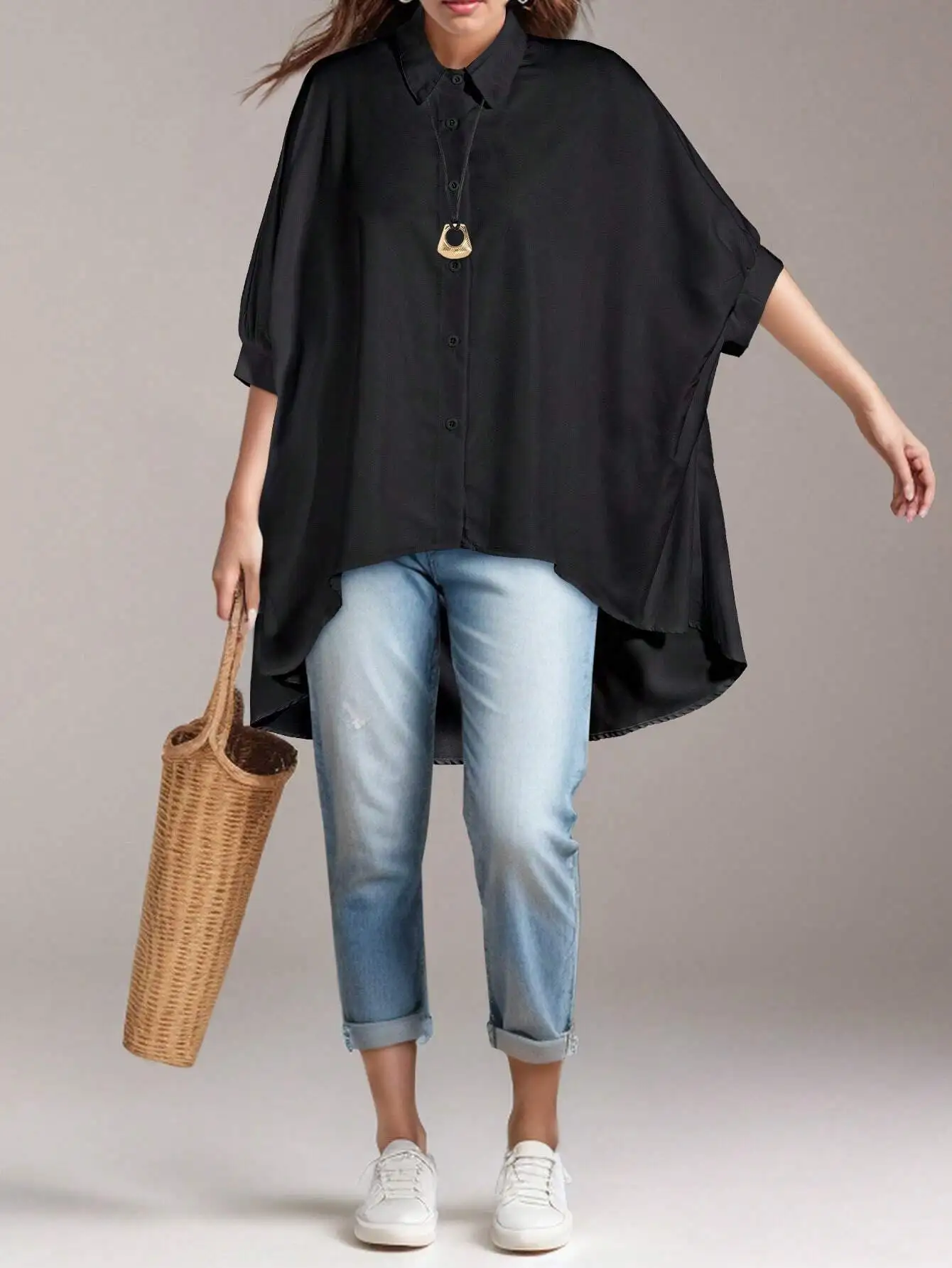 

Женская однотонная блузка с рукавами «летучая мышь», асимметричным подолом, свободного кроя, повседневная, летняя