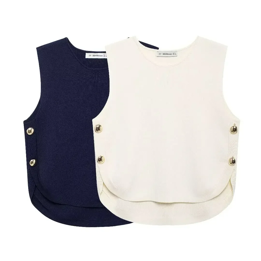 Women's 2024 new fashion side button decoration casual short asymmetric knitted top retro sleeveless women's vest chic top