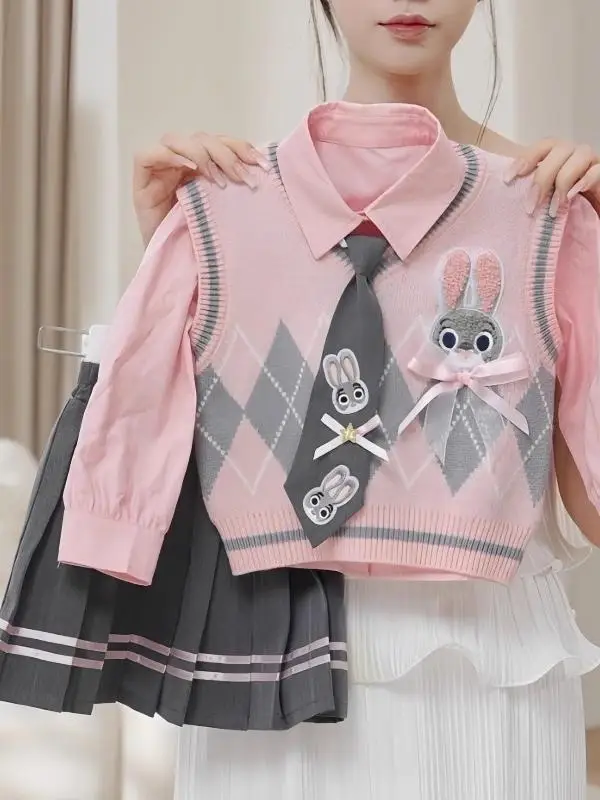 

Вязаный жилет с кроликом, полицейский рай20, комплект с юбкой, детский модный ансамбль, длинный свек, французский сле, осень 2025 г.