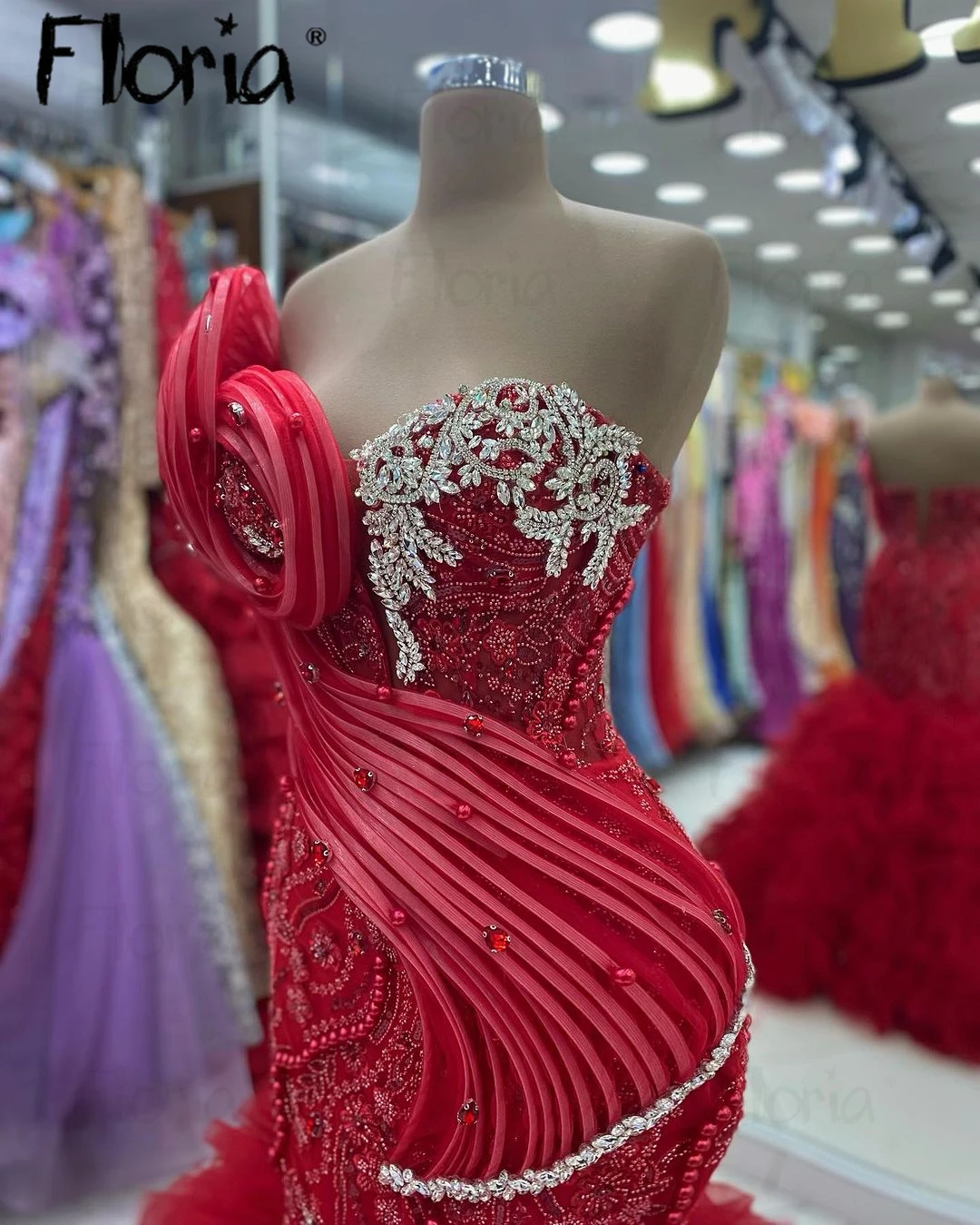 Dubai Red Tiered Ruffles Tulle Evening Dress Crystals Ruched Prom Dresses Saudi Arabic Women Formal Wedding Party Dresses 2024