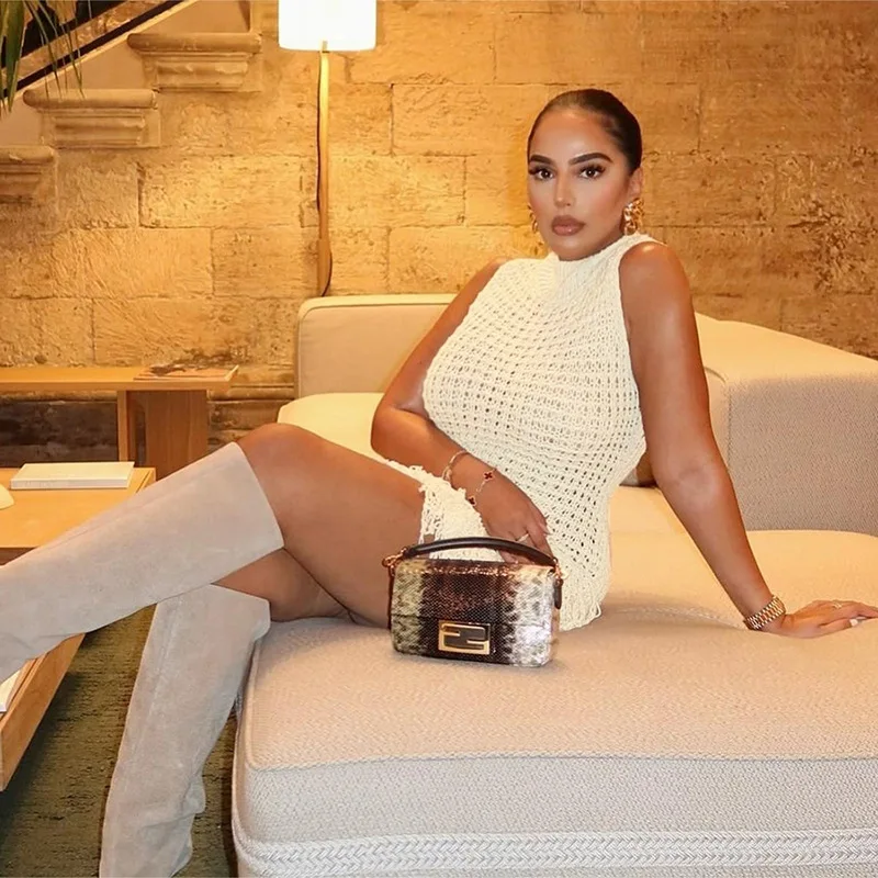 فستان نسائي صيفي من Three Sisters بلون سادة مثير بخصر عالٍ بدون أكمام وشرابة مقطوعة بقصة ضيقة فستان أنيق مرقع