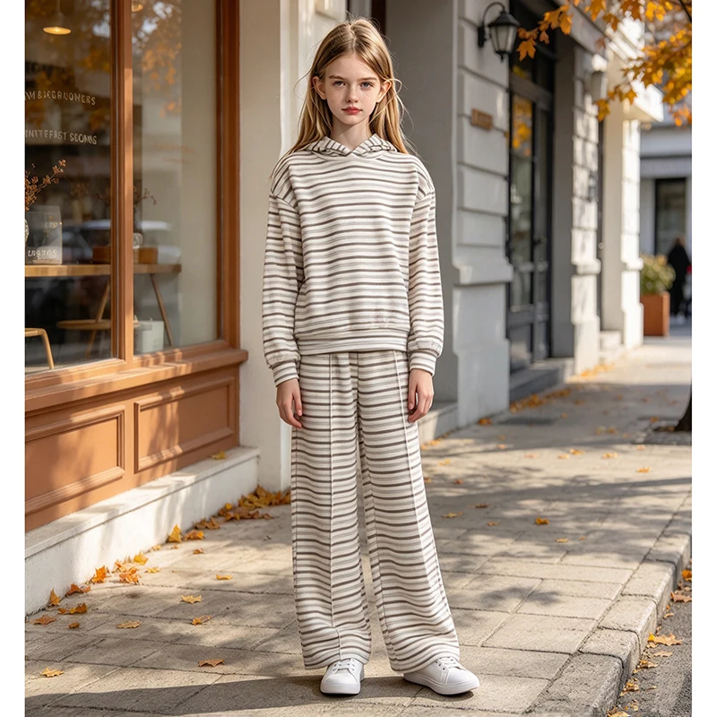 Striped Girls Hooded 2 Piece Outfit 8-12Y, Spring Autumn Casual Set, Loose Sweatshirt & Wide Leg Pants Daily School Suit