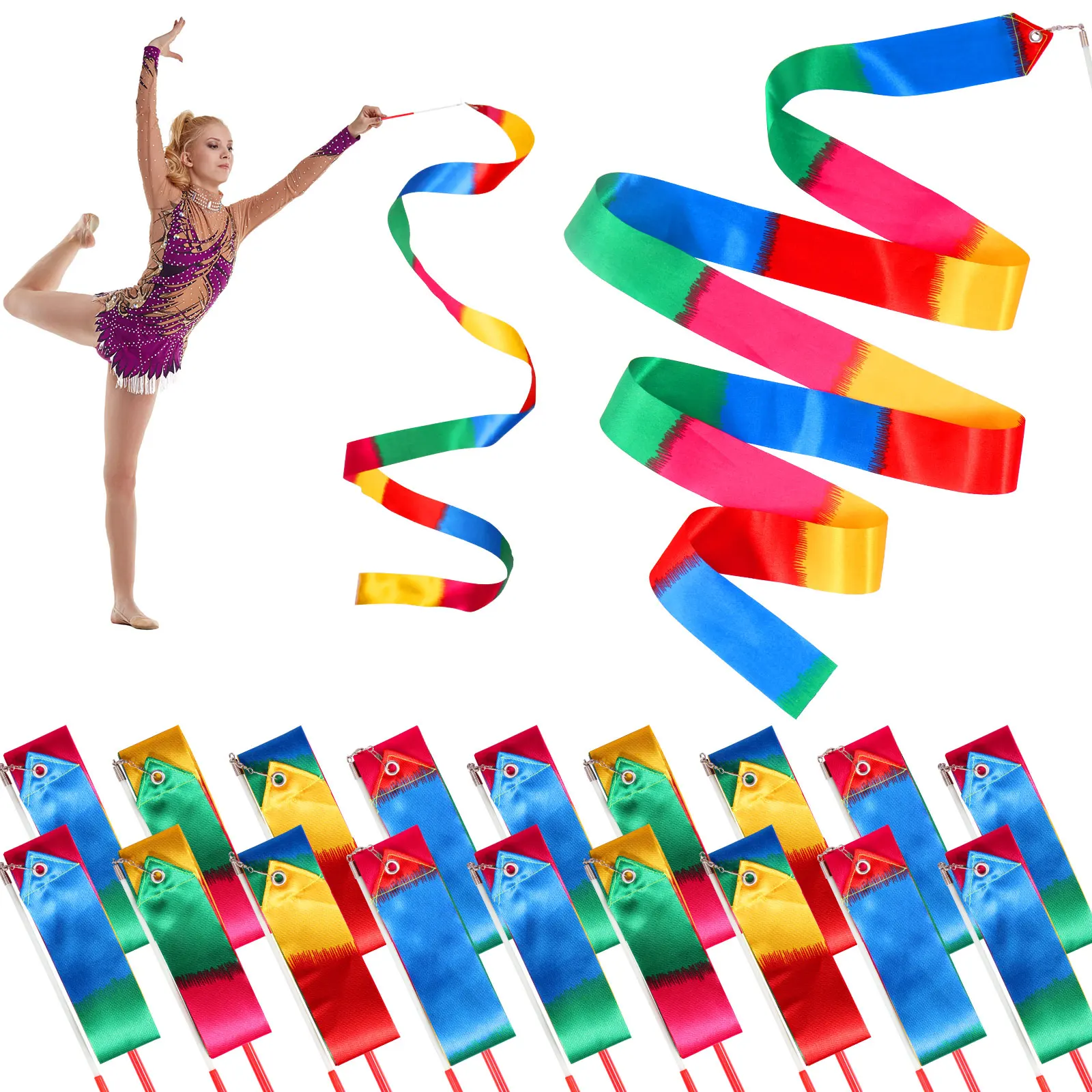 18Pcs Rhythmic Dance Ribbons Ballet Streamer Twirling Rod Twirling for Artistic Dancing Gymnastics Kid Talent Show Rainbow Stick