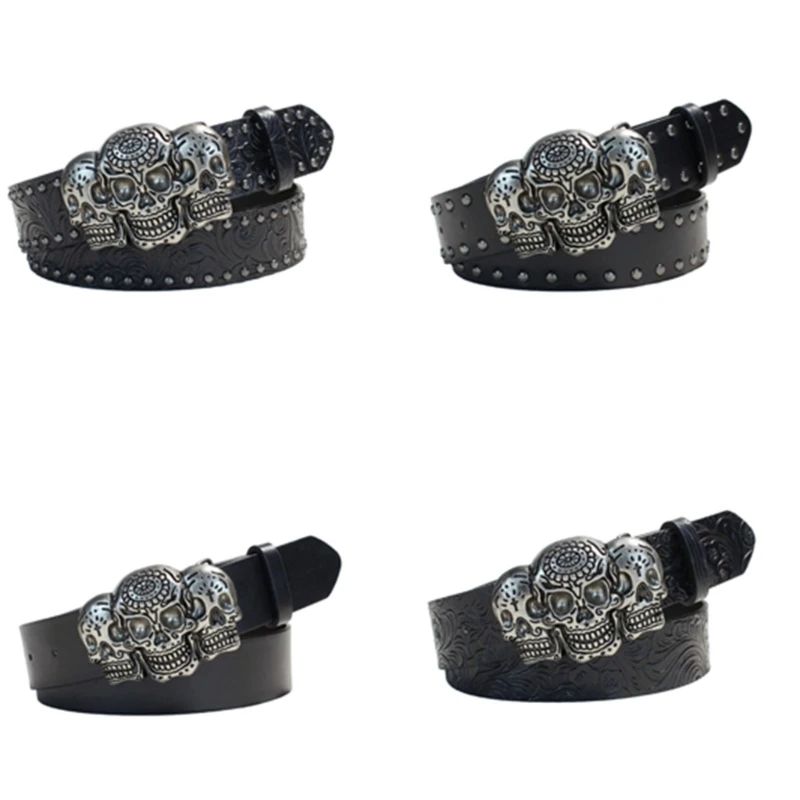 Western Skull Belt for Men and Women, Adjustable Waist Belt, Three-Skull Front Plaque Dark Waist Belt with Faux Y08E