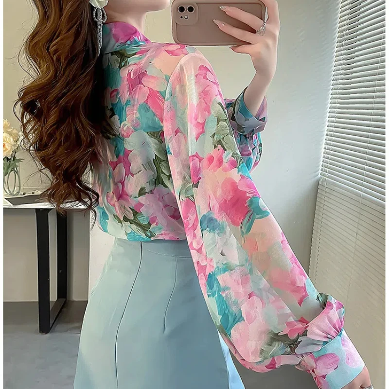 Fashion Comfortable Loose Summer 2024 Women\'s New Spliced Polo Neck Button Print Elegant Versatile Lantern Sleeve Blouses Shirts