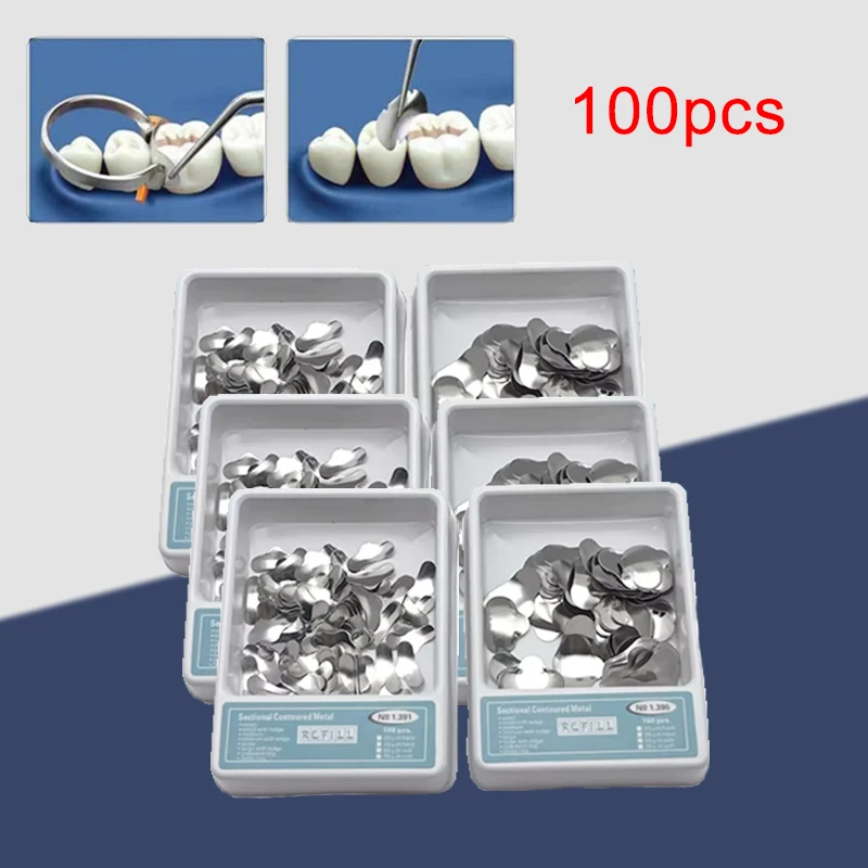 

100 шт. металлические кольца для стоматологической матрицы и контурные секционные матрицы для инструментов для восстановления зубов и наполнения