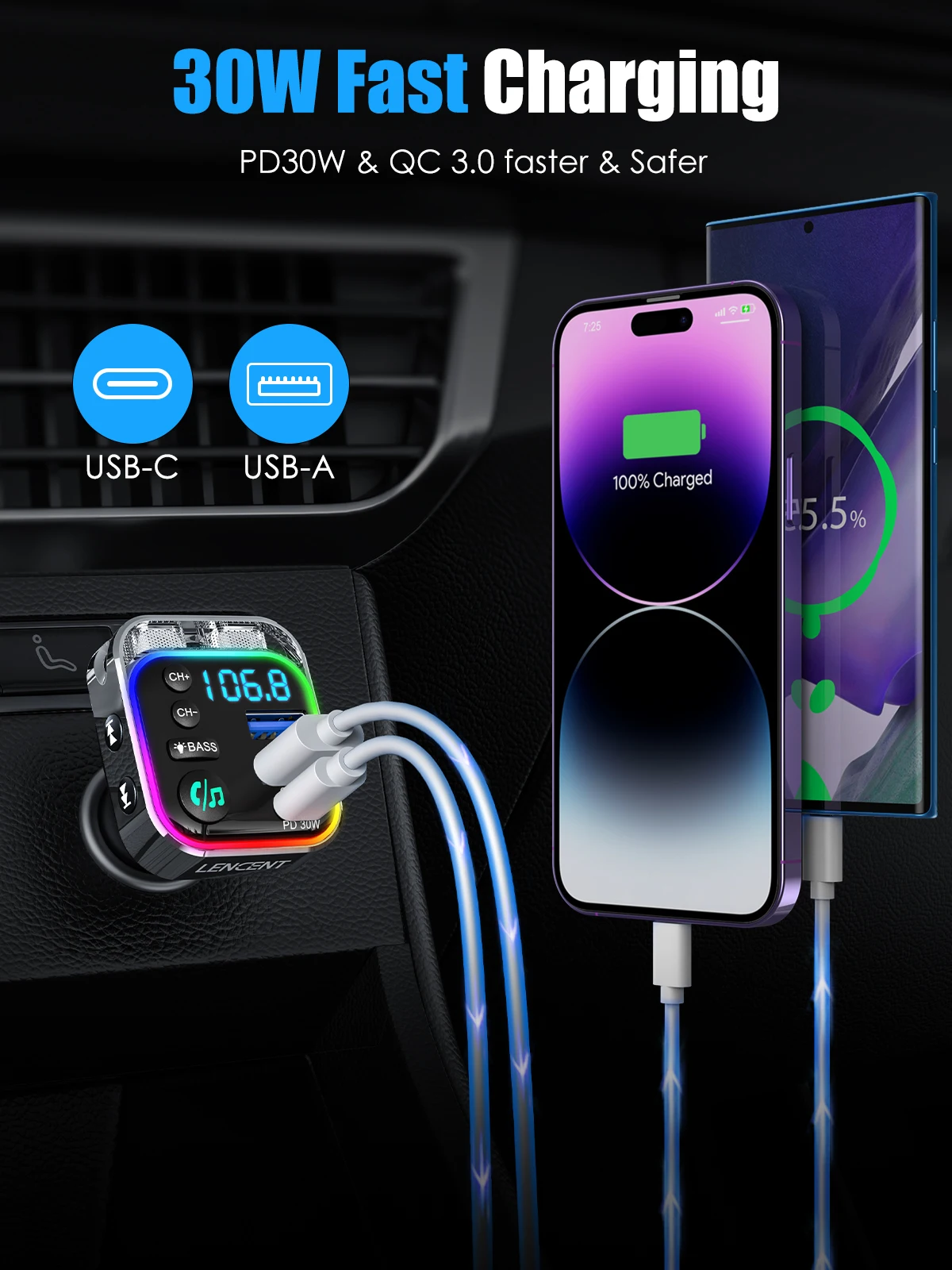 LENCENT Bluetooth 5.3 FM-передатчик с PD 30 Вт и быстрое зарядное устройство QC3.0 Автомобильный адаптер Bluetooth Hi-Fi Музыка/Прозрачный автомобильный комплект для вызова