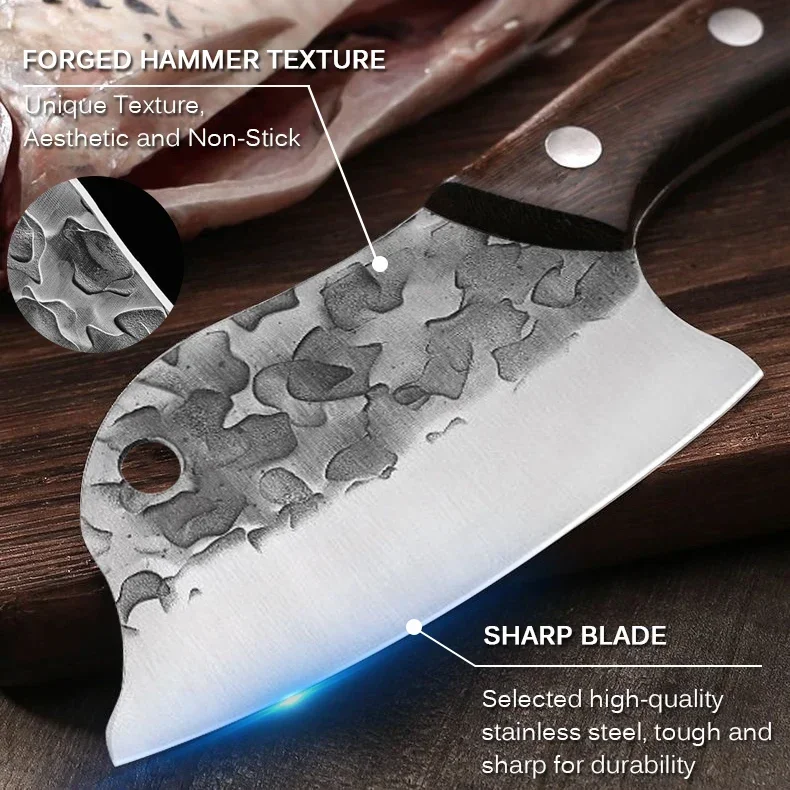 WXCOO Handmade Forged Kitchen Knife Hammered Cutting Knife Stainless Steel Meat Cleaver Chopper Slaughtering Fish Killing Knife