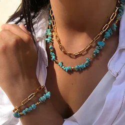 Fashion Natural Stone Chain Layered Necklace Bracelet for Women Bohemia Summer Beach Simple Turquoise Layered Jewelry Sets Gifts