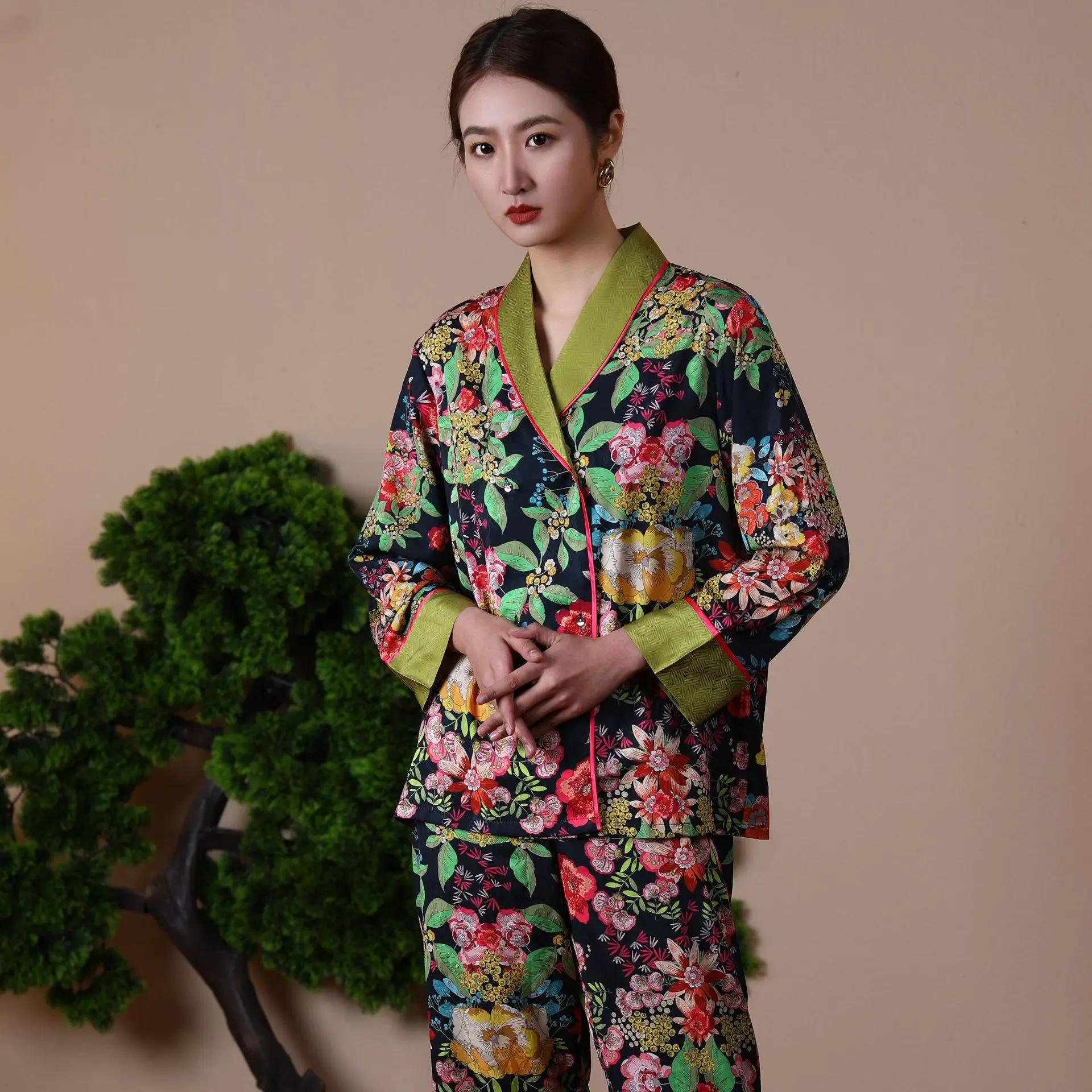 Silk Pajamas for Women Outfits V Neck Luxury Flower Print Sleepwear Satin Pjs Home Clothes Loose Nightwear 2 Piece Suit Pijama