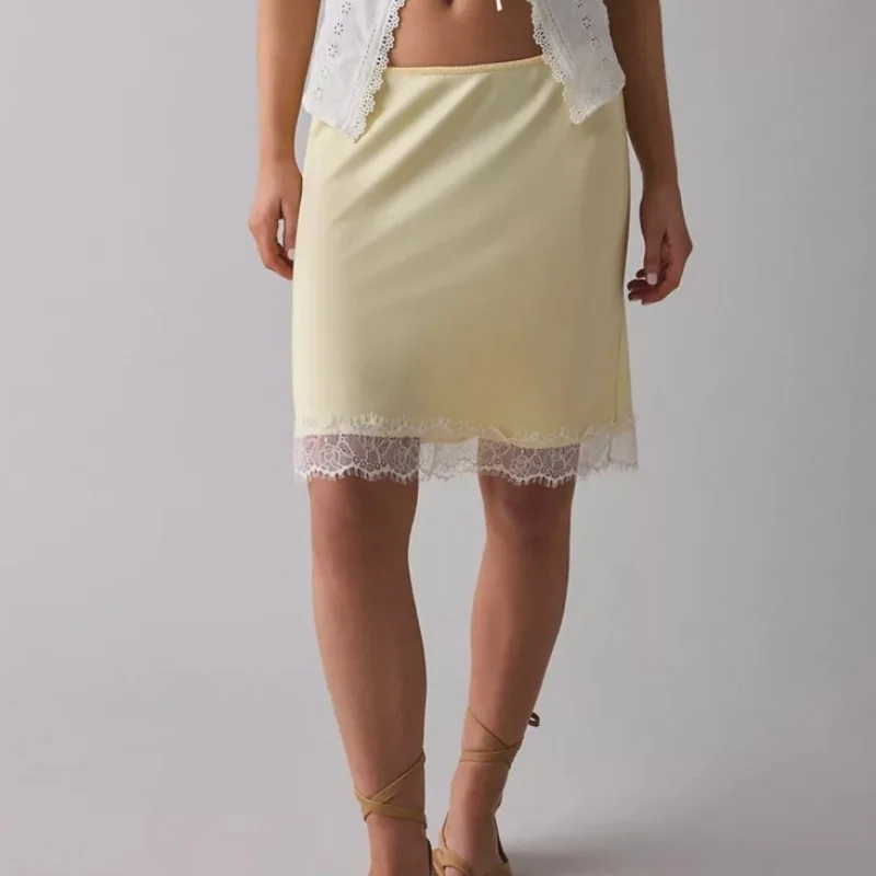 Women's Vinateg Y2k Midi Skirts Lace Trim Hem Satin Skirts Fairy Grunge Bottom Skirts Party Clubwear