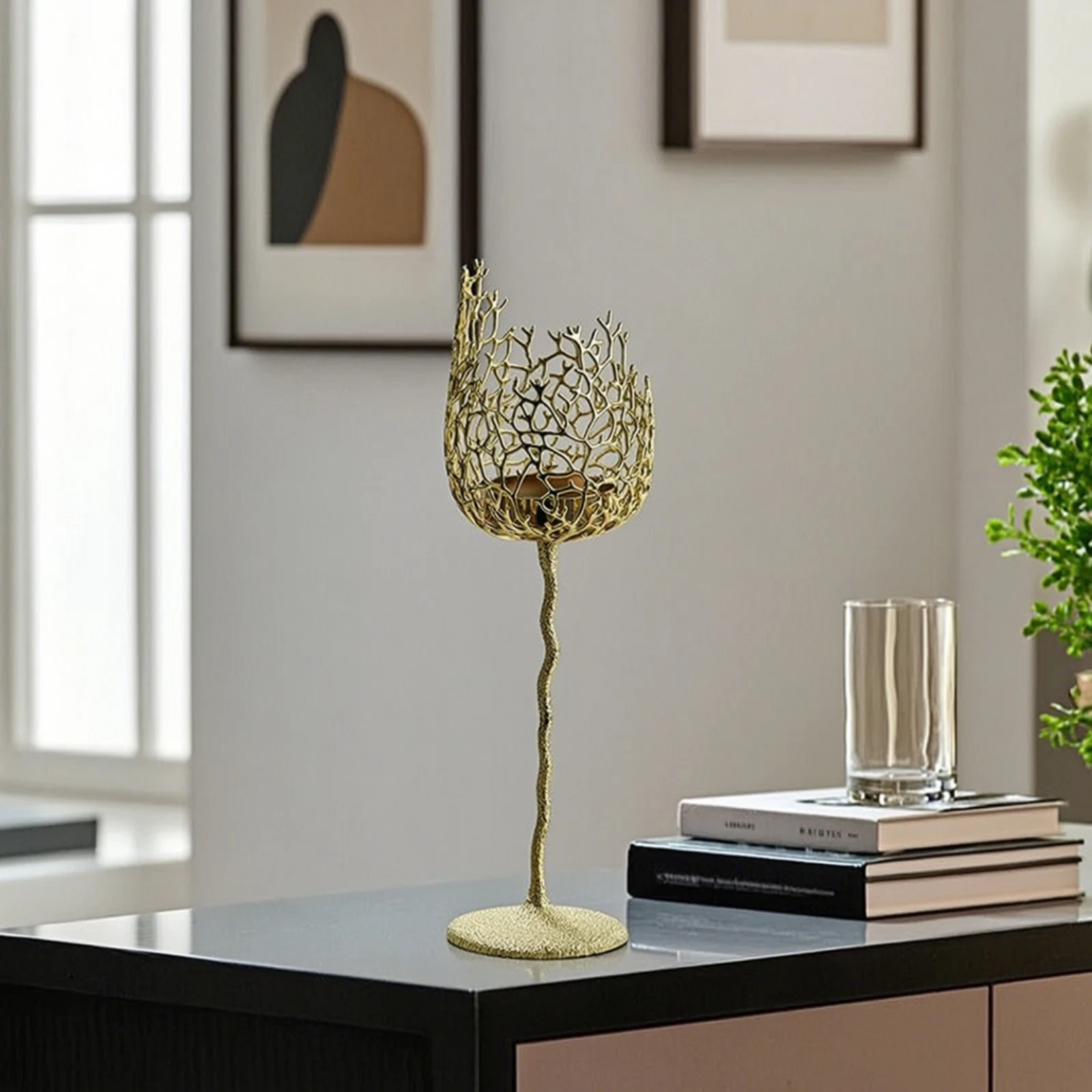 Candle Holder with Coral Cup Electroplated Candlestick Decor Openwork Sleek for Tabletop, Dining Table