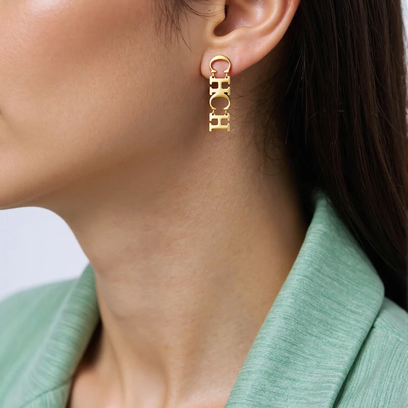 

CH Layered Letter Chain Earrings Long Drop Titanium Steel Gold Silver Color Choice Lightweight Dangling Fashion