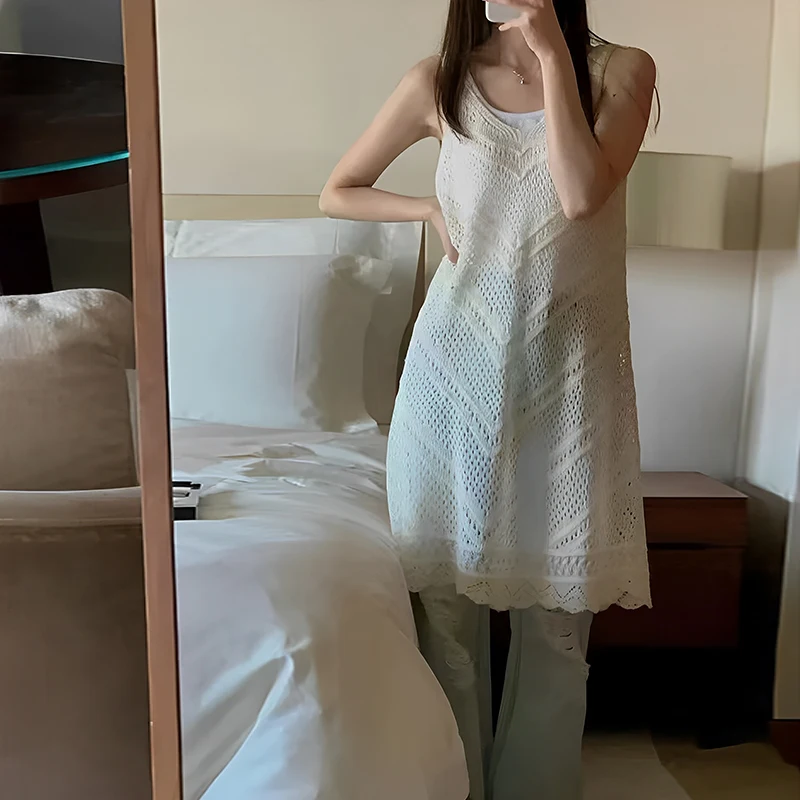 Vestido coreano de malha com decote em V oco com suspensório para mulheres blusa em camadas de comprimento médio