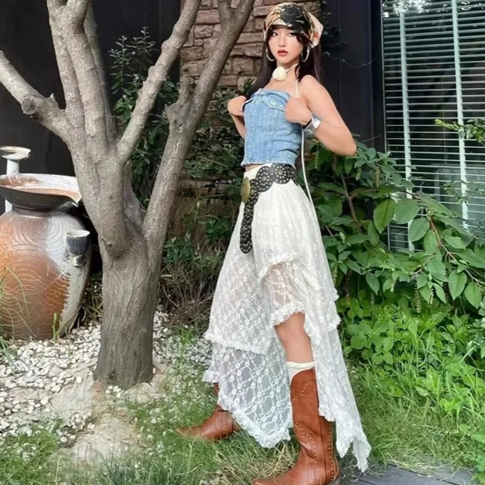 Sexy Lace Asymmetrical Skirt Fairycore Women 2025 Vintage Y2K Boho Aesthetic Fashion High Waist Mid Skirts Lady Holiday Outfits