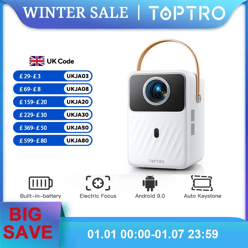 TOPTRO Portable Projector Full HD 1080P Support 400ANSI Android 9.0 Projector Auto Keystone & Electric Focus Built-in Battery