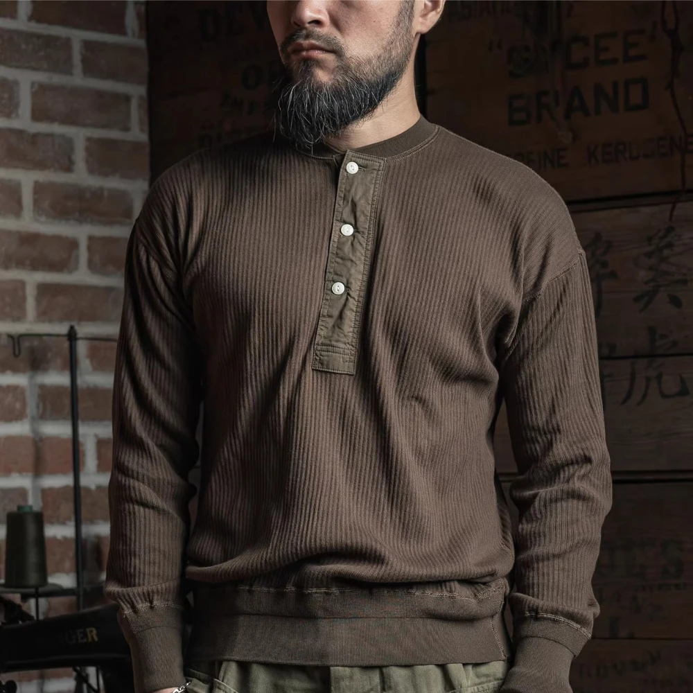 BRONSON Vintage Long-Sleeve Heavyweight Ribbed Henley T-Shirt Loose-Fit Drop-Shoulder 100% Cotton Base Layer