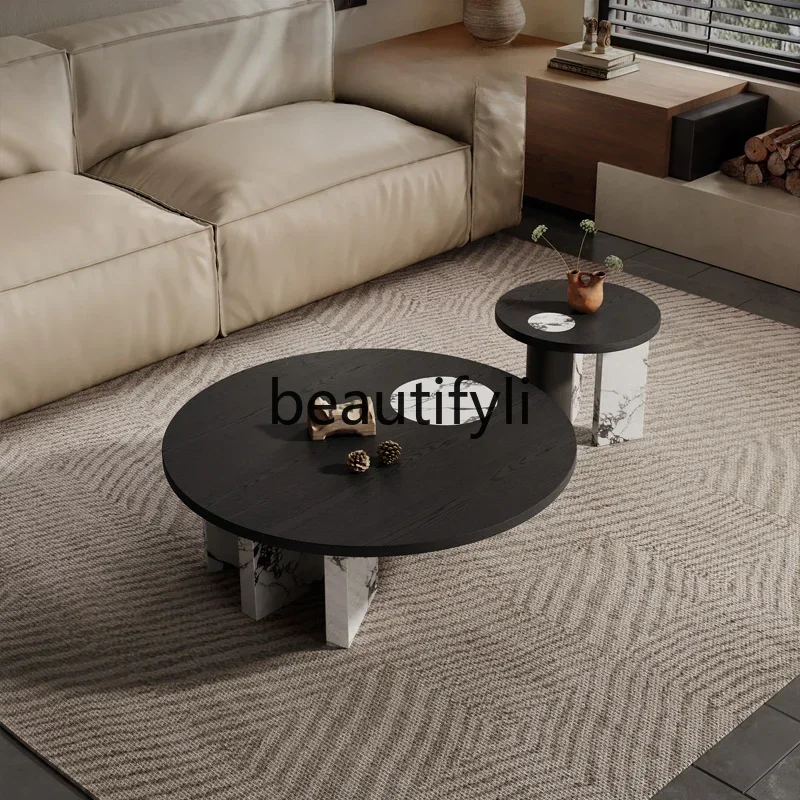 Mesa de centro minimalista italiana a56, laje de rocha, sala de estar, criativa, madeira fumada, couro, combinação redonda