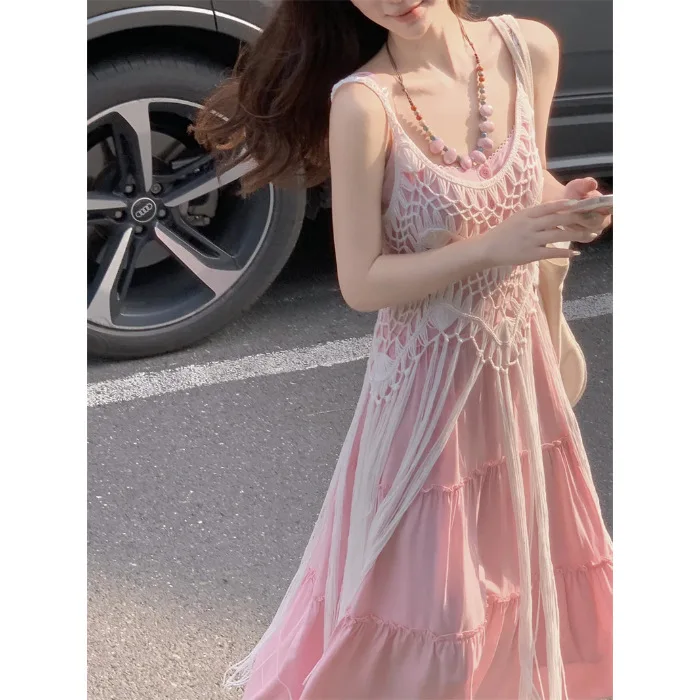 

Two-piece Suit Women's Pink Gentle Suspender Dress Women's Summer New Vacation Style Seaside Fringed Blouse