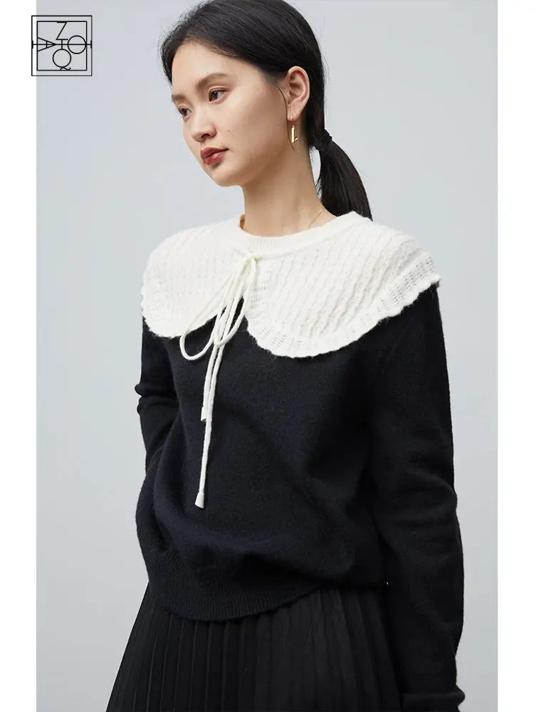 ZIQIAO Vintage Soft Waxy Doll Collar Sweater Women Autumn Winter New Design Sense Cozy Style Knitwear Female Pullover Sweaters