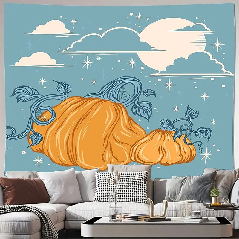 Boho Tapestry Wall Hanging Halloween Pumpkin Decor Fall Aesthetic Room Decor Dorm Room Wall Art Nature Landscape Tapestry Cozy H