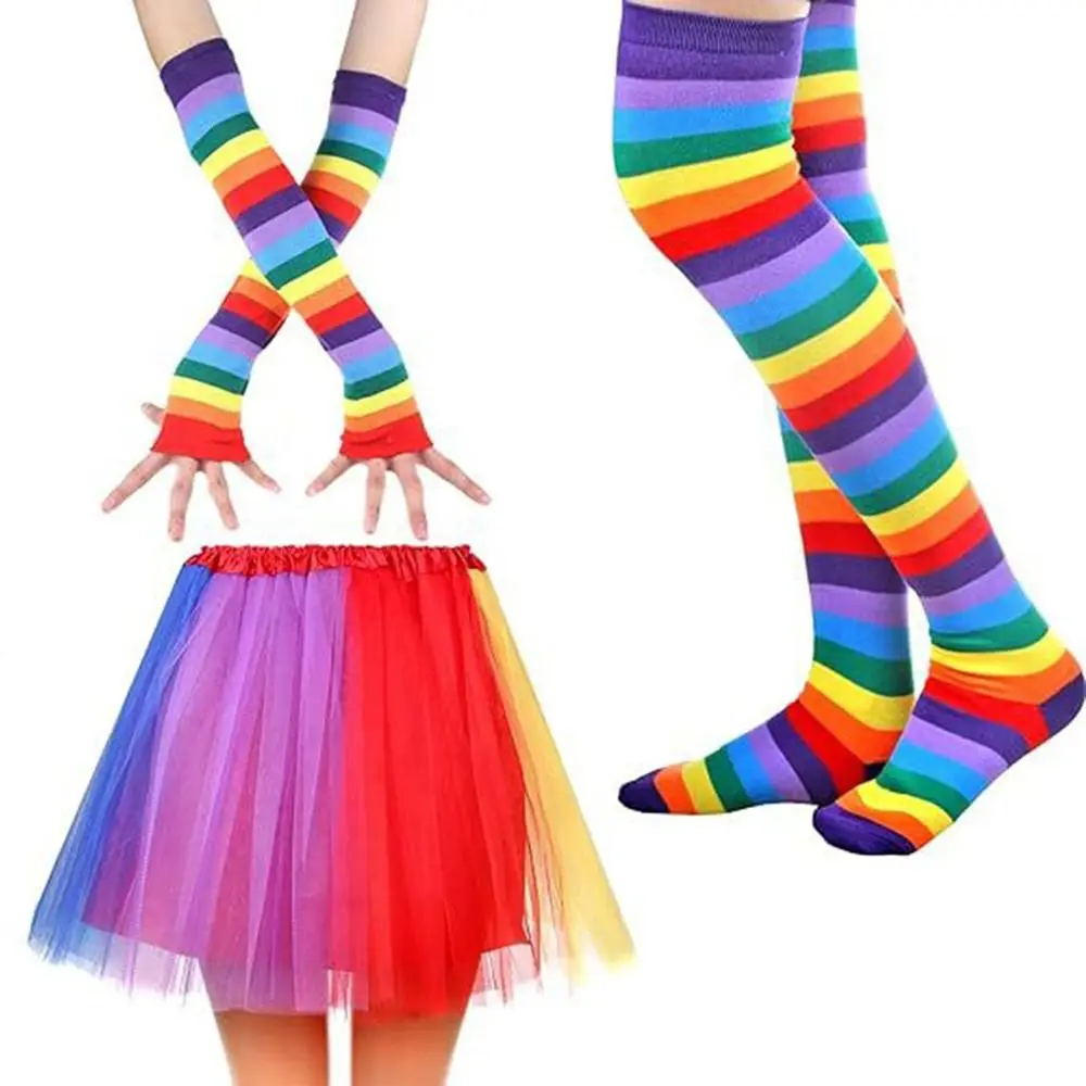 

Colorful Rainbow Tutu Skirt Pride Day Beautiful Party Costume Accessory Set Soft Durable Rainbow Striped Socks & Gloves Birthday