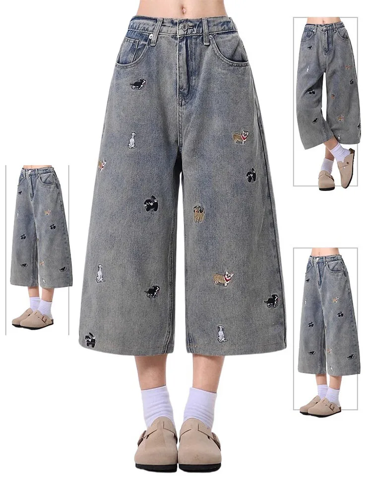 Cute Embroidered Dog Design Blue Jeans Women's Summer Thin Loose Straight Wide Leg Seven-Foot Medium Pants Casual High Waist ...