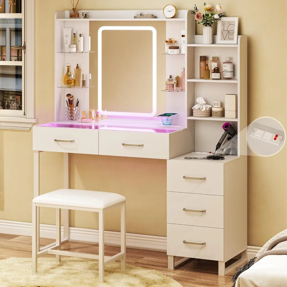 

Vanity Desk with Mirror and LED Lights, 43" Makeup Vanity with Glass Top & Wireless Charging, Vanity with RGB Drawers, 3 Colors