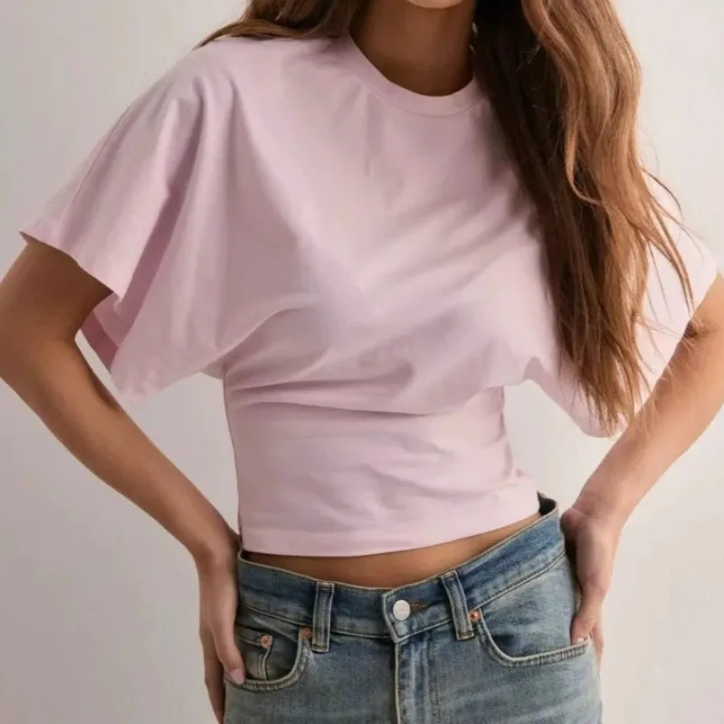 

Fashion Casual Solid Gray Cropped T-shirt 2025 Woman Clothes O-neck Corset Tops Streetwear Girls Spring Summer Short Tee Shirts