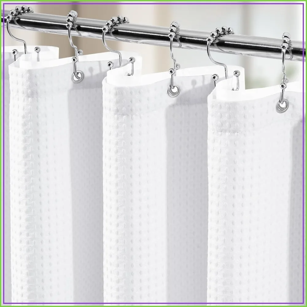 

3 in 1 Waffle Shower Curtain Set, 258GSM Luxury Weighted Cloth, 72x72, White with 12 Hooks