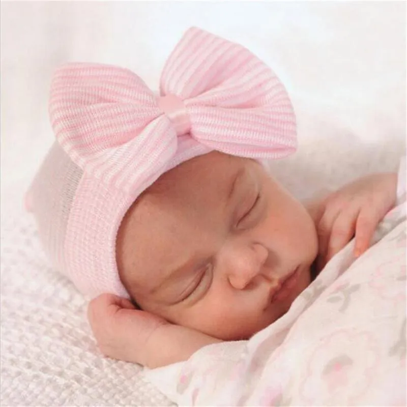 Baby Hat Cute Big Bow Striped 0-3 Months Newborn Products Winter Warm Soft Comfortable Photography Props Baby Hooded Cap