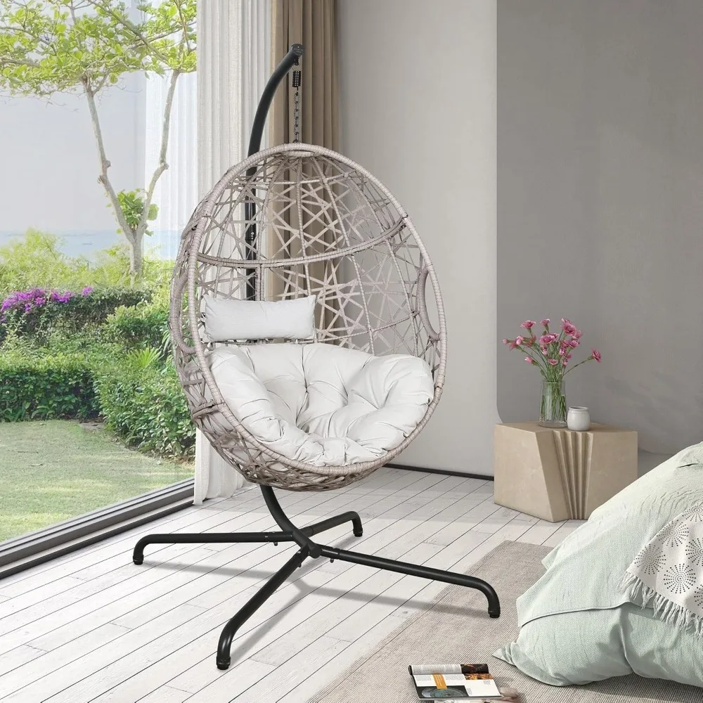 Patio Rieten Ei Hangstoel, Outdoor Rotan Hangmat Schommelstoel met Standaard en Kussen voor Slaapkamer Balkon Tuin, Beige