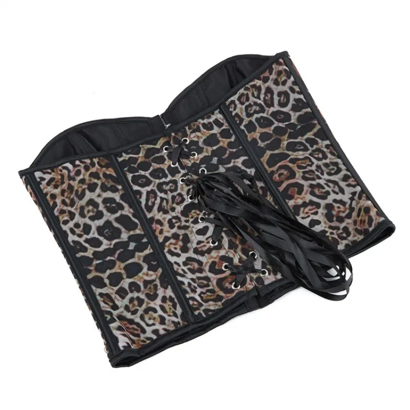 ليوبارد طباعة مشد المحاصيل الأعلى المرأة بروكيد overالصدر المشدات الدانتيل يصل البلاستيك الجوفاء محدد شكل الجسم قصير الجذع مثير المشدية