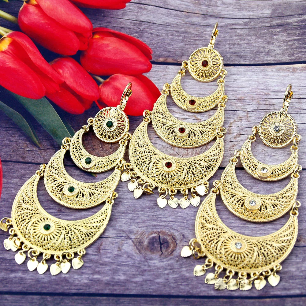 Sunspicems Algeria Long Drop Earrings For Women Traditional Arabic Muslim Wedding Hanging Earrings Gold Color Bride Jewelry