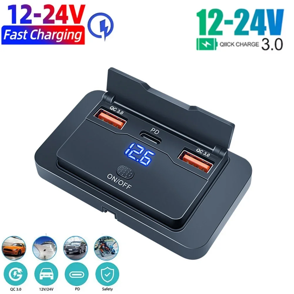 Dual QC3.0 Type C USB Quick Charger 3.0 with Switch Fast Charging 3 Port Power Panel Waterproof For Bus 12-24V Car Truck Marine