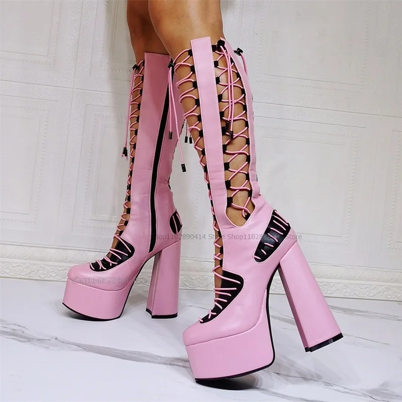 

Pink Hollow Design Platform Strappy Boots Over The Knee Side Zipper Women Shoes Chunky High Heels Sexy 2023 Zapatos Para Mujere