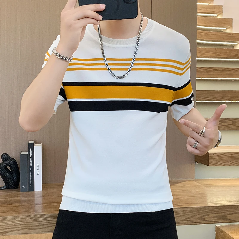 2024 Summer Ice Silk Knitted T-shirt for Men Short Sleeve Round Neck Casual T-shirt Slim Striped Business Social Tee Tops M-4XL