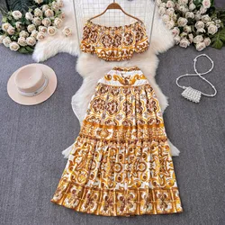 Summer Holiday Yellow Blue and White Porcelain Print Two Piece Set Women Short Puff Sleeve Strap Elastic Top＋Maxi Skirts Suit