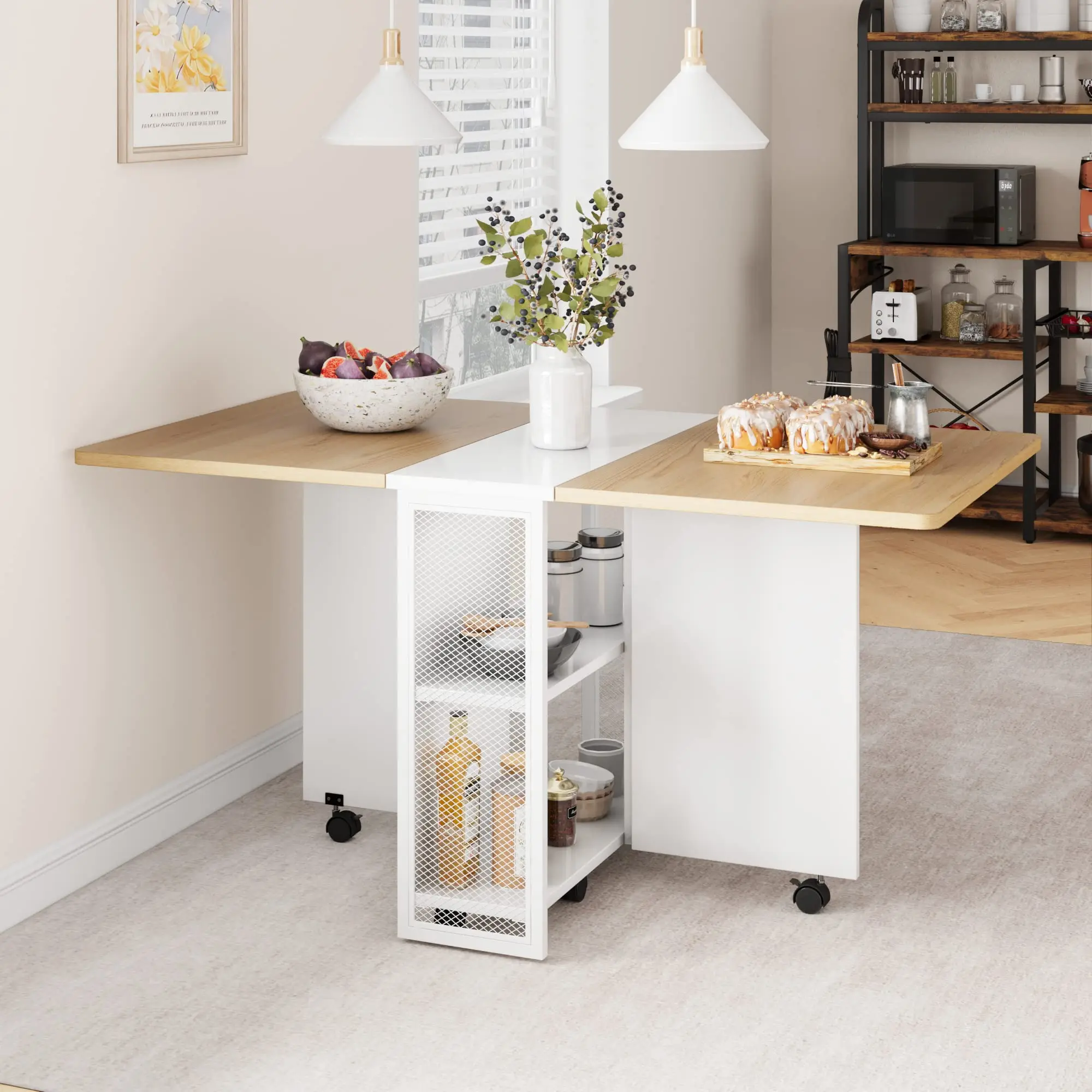 Mesa de comedor plegable, mesa de comedor de hoja abatible para 4, mesa de cocina plegable con 2 estantes de almacenamiento, mesas de comedor que ahorran espacio para