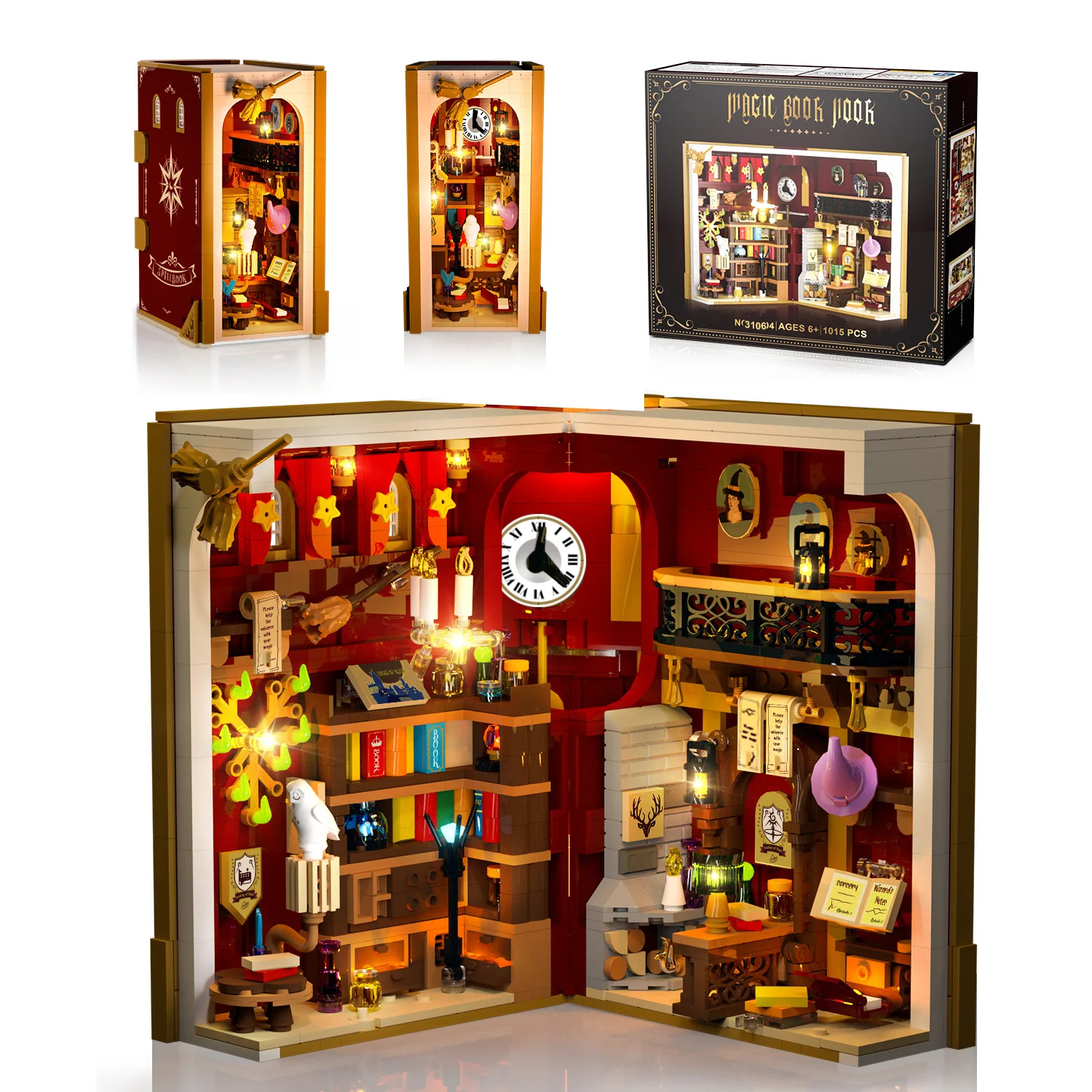 Magisches Buchhaus-Baustein-Set mit LED-3,6 mm, DIY-Dekoration, Mini-Buchhaus, Blockmodell, Spielzeug für Erwachsene und Teenager ab 8 Jahren